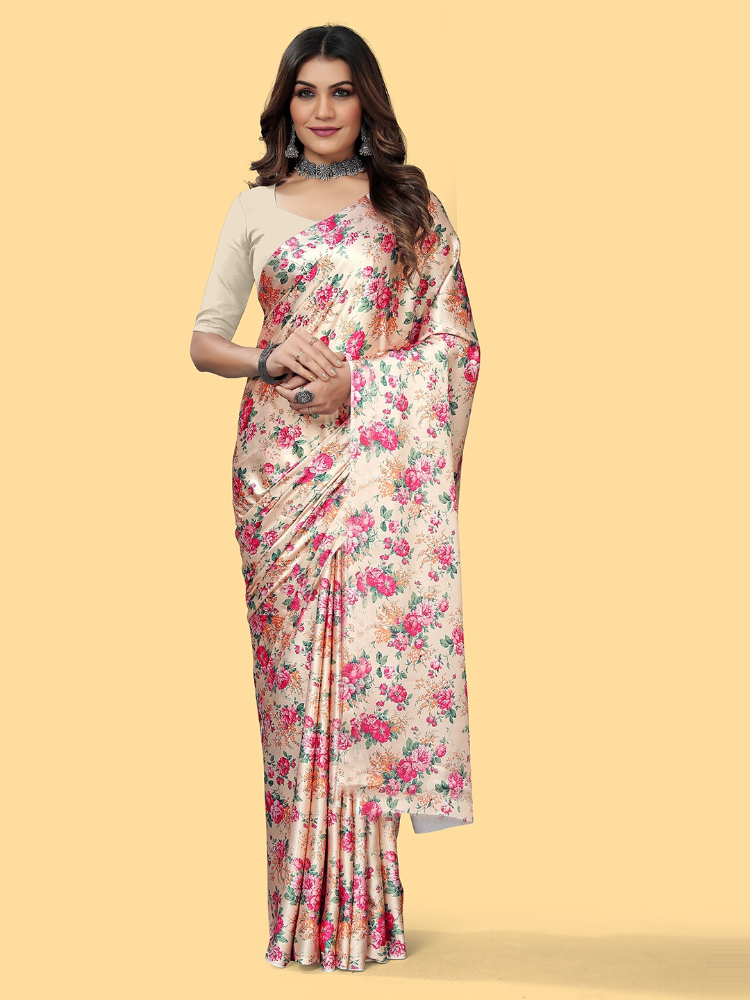 

VEECHIS Floral Printed Satin Saree, Beige