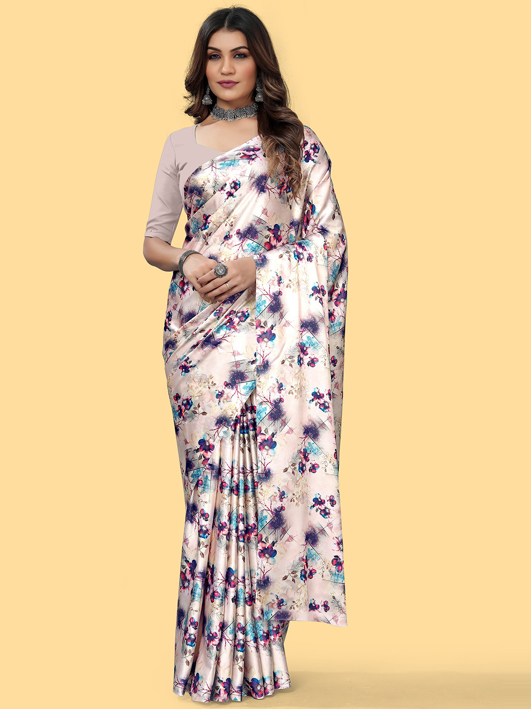 

VEECHIS Floral Printed Satin Saree, Purple