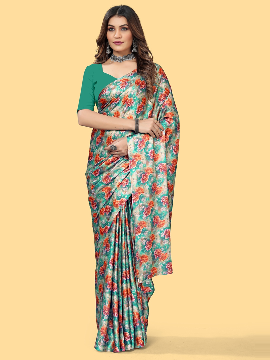 

VEECHIS Floral Printed Satin Saree, Green