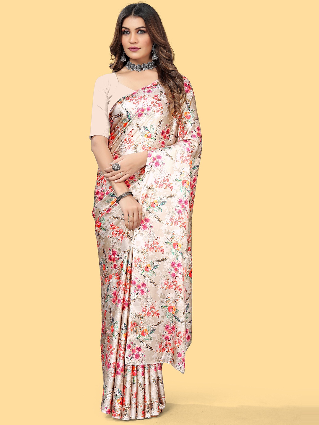 

VEECHIS Floral Printed Satin Saree, Pink