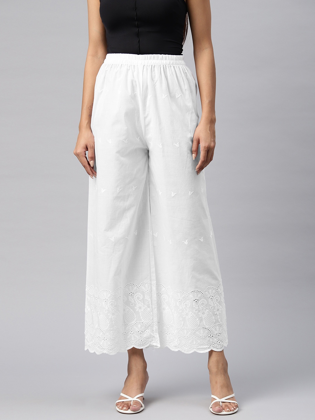 

Readiprint Paisley Embroidered Ethnic Palazzos, White