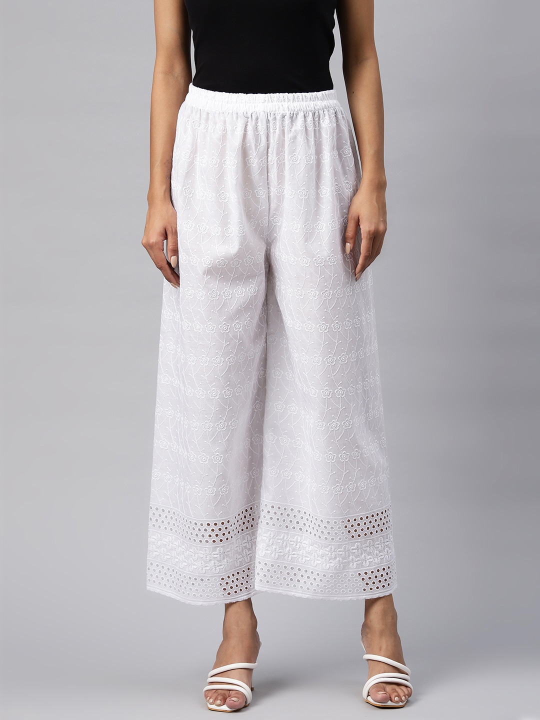 

Readiprint Floral Embroidered Ethnic Palazzos, White