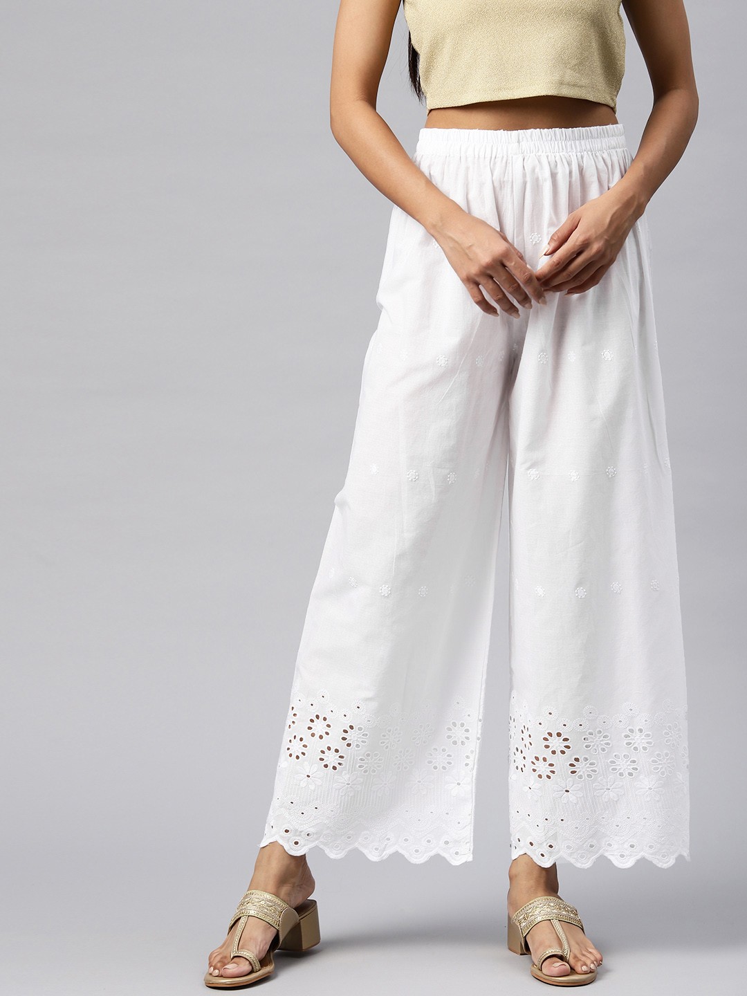 

Readiprint Fashions Floral Embroidered Ethnic Palazzos, White