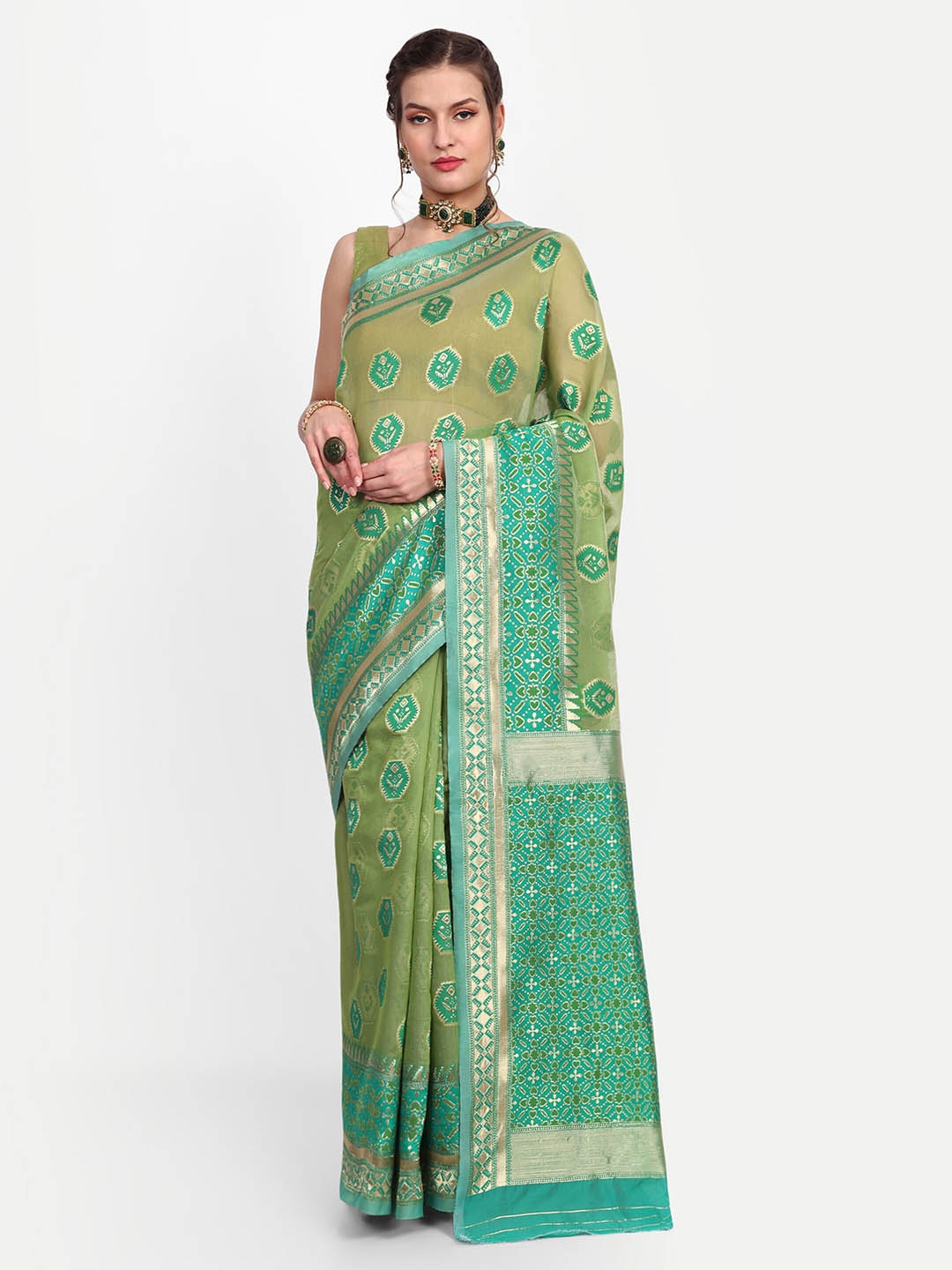 

choiceit Ethnic Motif Woven Design Zari Pure Cotton Banarasi Saree, Green