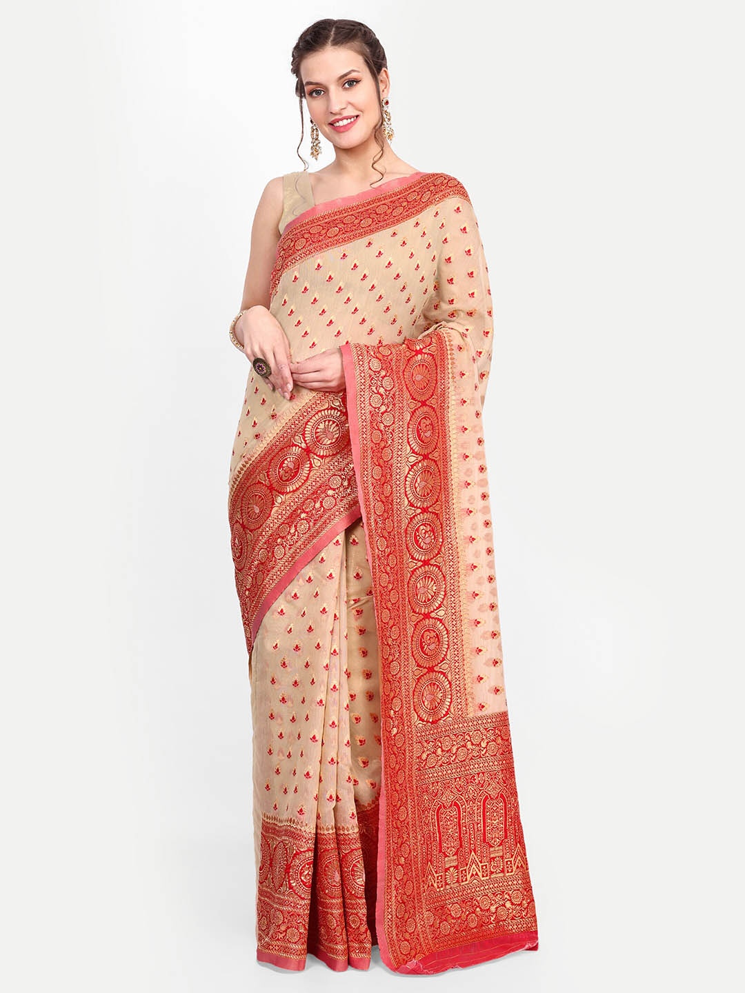 

choiceit Ethnic Motif Woven Design Zari Silk Cotton Saree, Beige