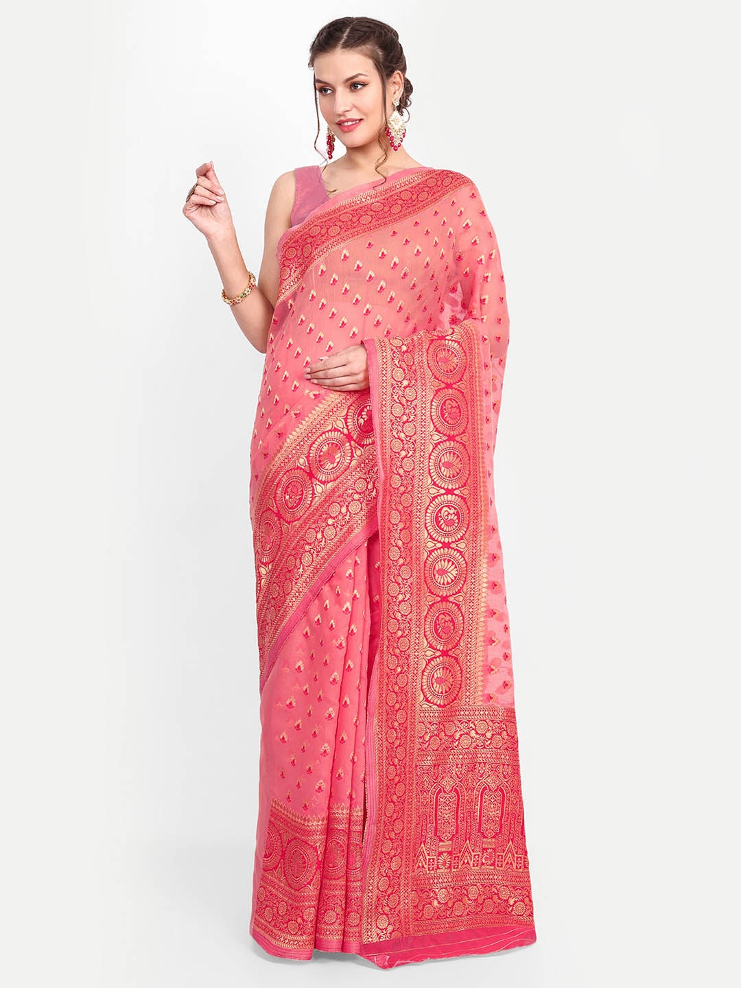 

choiceit Ethnic Motifs Woven Design Woven Design Zari Pure Cotton Banarasi Saree, Pink