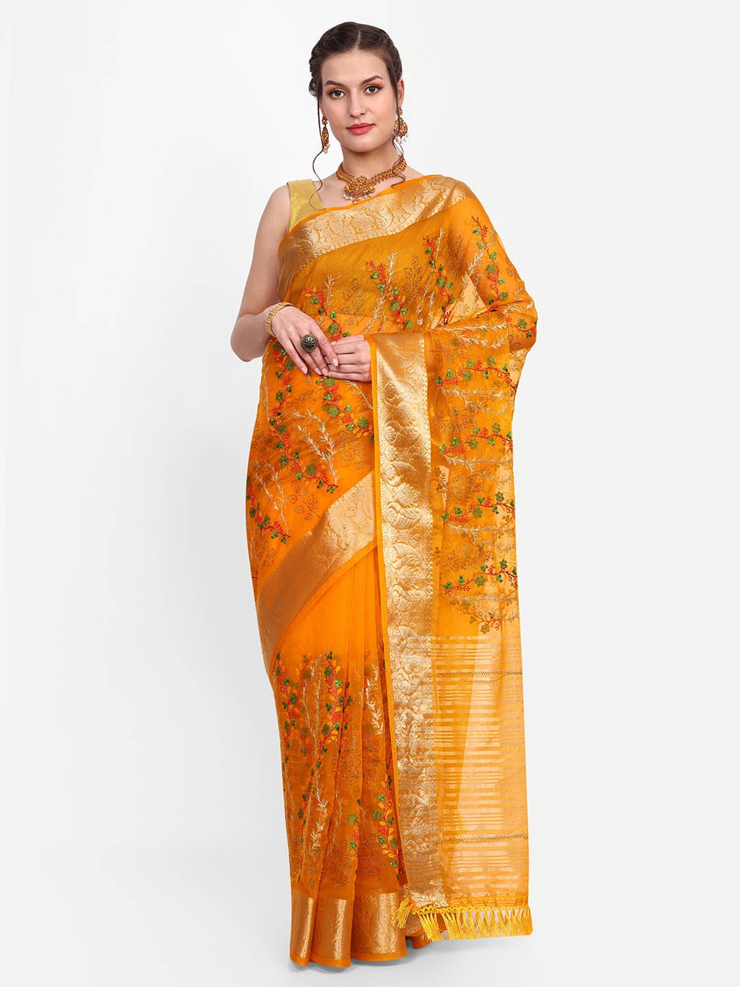 

choiceit Floral Embroidered Zari Organza Ikat Saree, Mustard