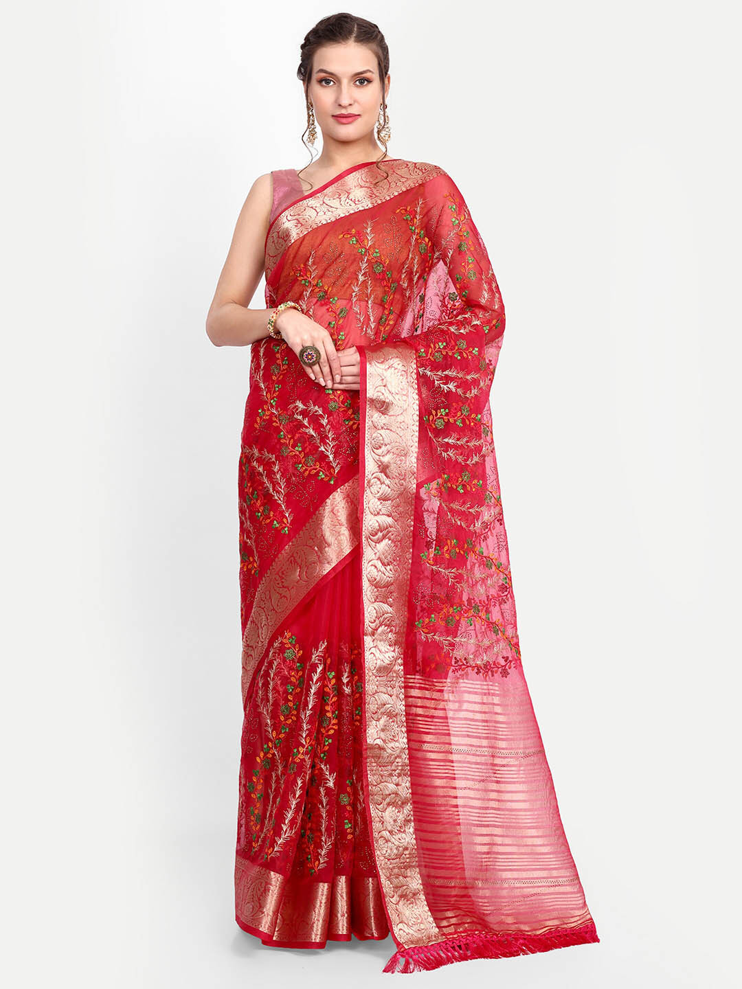 

choiceit Floral Embroidered Zari Organza Ikat Saree, Red