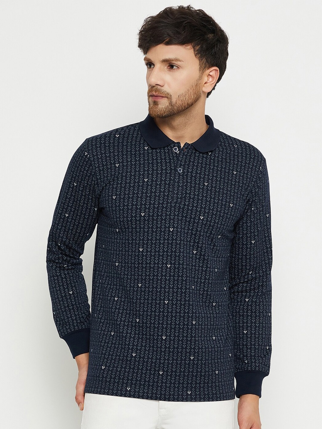 

WILD WEST Geometric Printed Polo Collar Cotton T-shirt, Navy blue