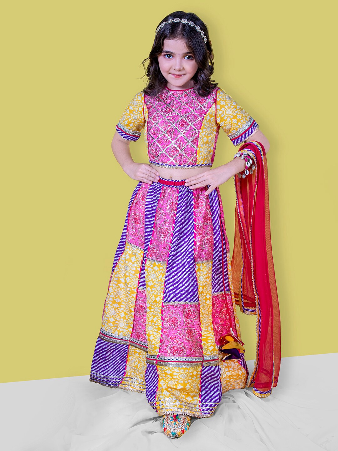 

Naughty Ninos Girls Embellished Patchwork Ready to Wear Lehenga & Blouse With Dupatta, Pink