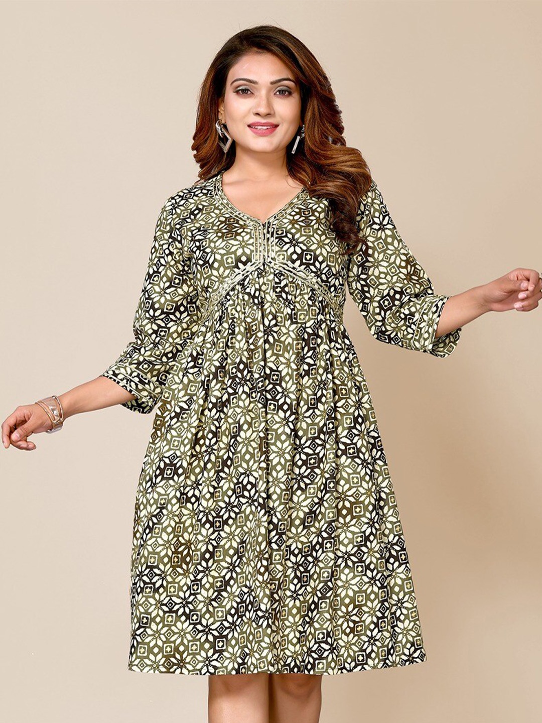 

TITANIUM SILK INDUSTRIES PVT. LTD. Floral Printed Gathered Cotton Empire Dress, Green