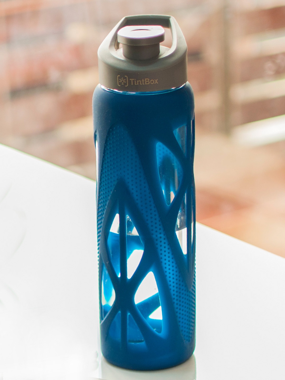 

TintBox Navy Blue Glass BPA Free Water Bottle With Sleeve-750 ml