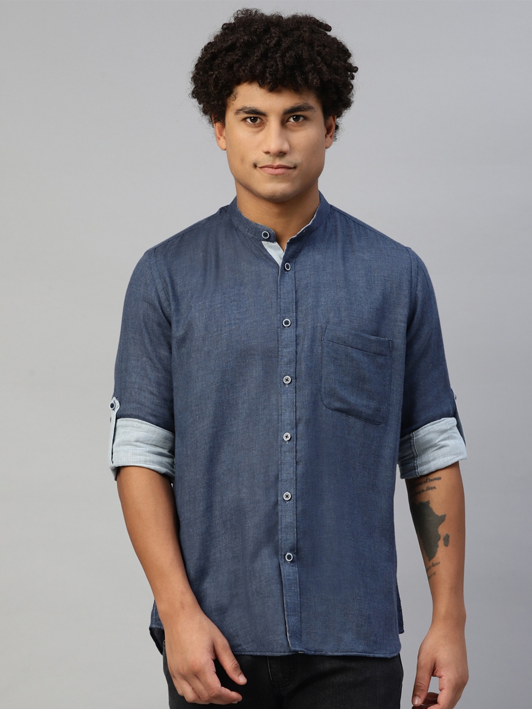

DON VINO Band Collar Roll-Up Sleeves Cotton Casual Shirt, Blue