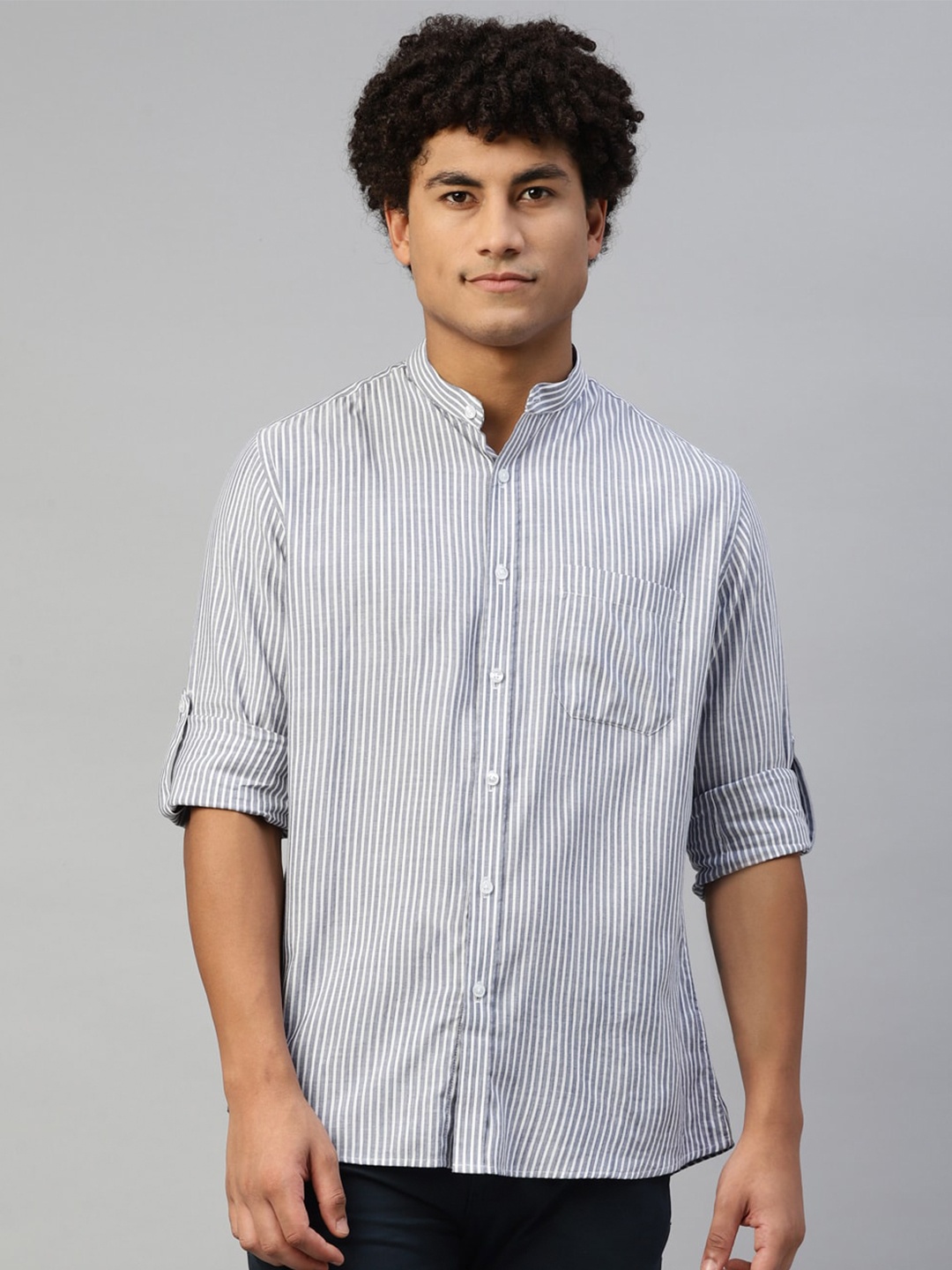 

DON VINO Striped Roll Up Sleeves Mandarin Collar Cotton Casual Shirt, Grey