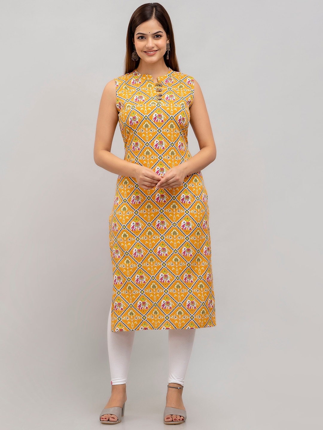 

Shedika Ethnic Motifs Printed Mandarin Collar Straight Kurta, Mustard