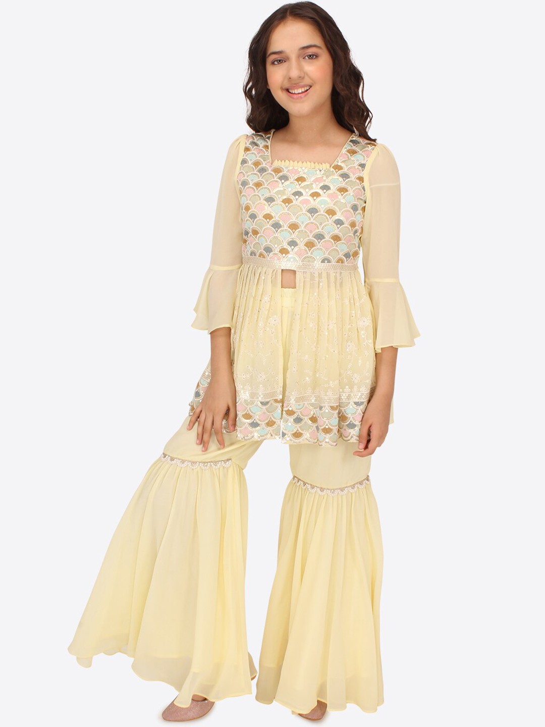 

CUTECUMBER Girls Ethnic Motifs Embroidered Regular Sequinned Kurti With Sharara, Yellow
