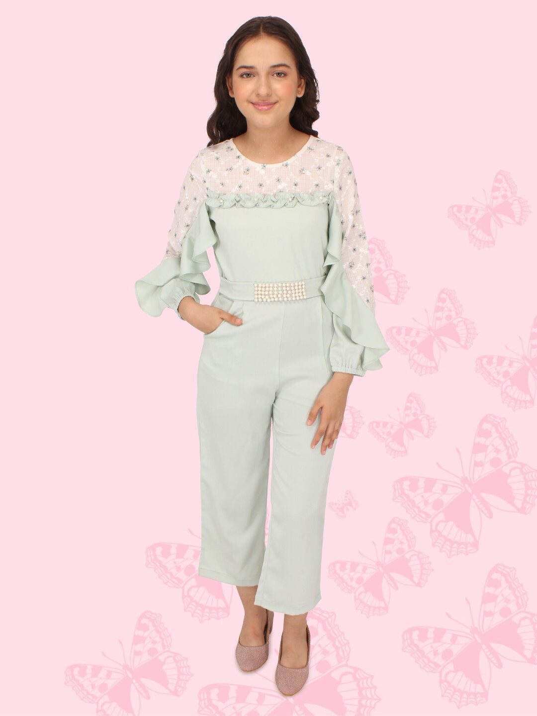

CUTECUMBER Girls Floral Printed Ruffled Basic Jumpsuit, Green