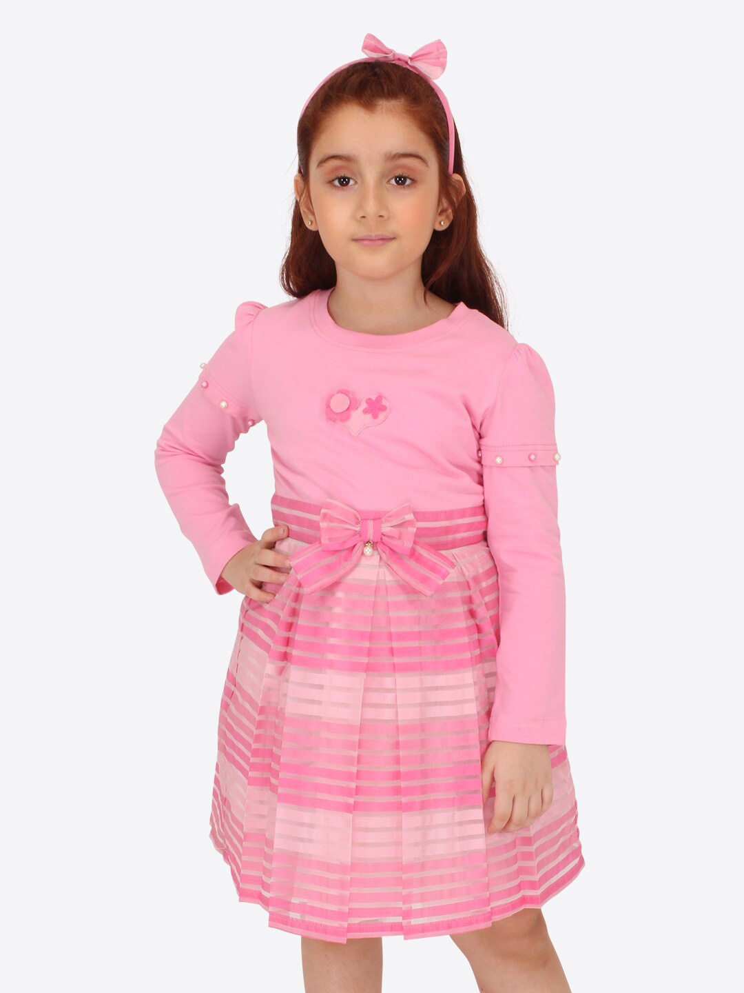 

CUTECUMBER Girls Striped Long Sleeves Net Fit & Flare Dress, Pink