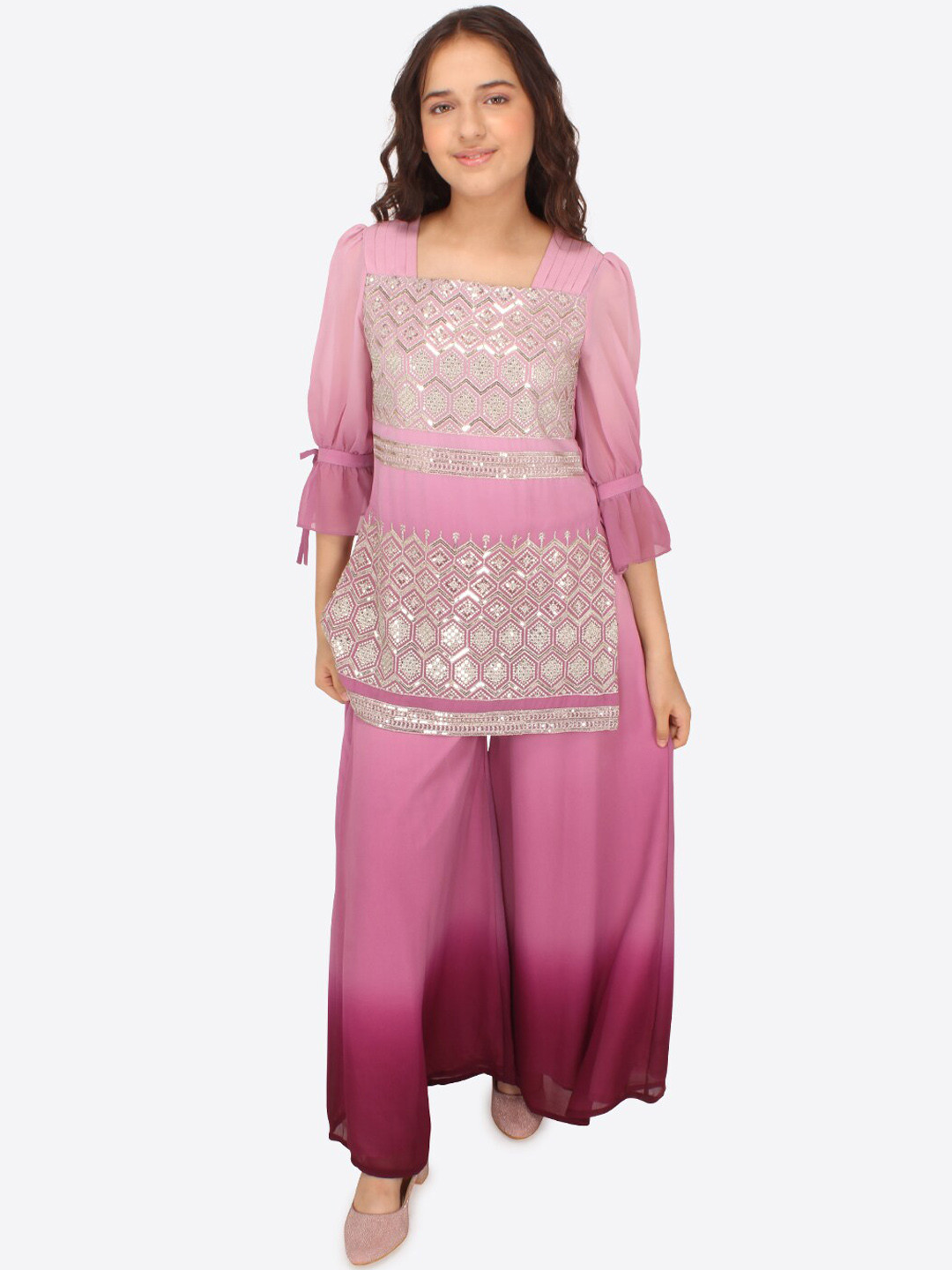 

CUTECUMBER Girls Embroidered Sequinned Regular Kurta with Palazzos, Maroon