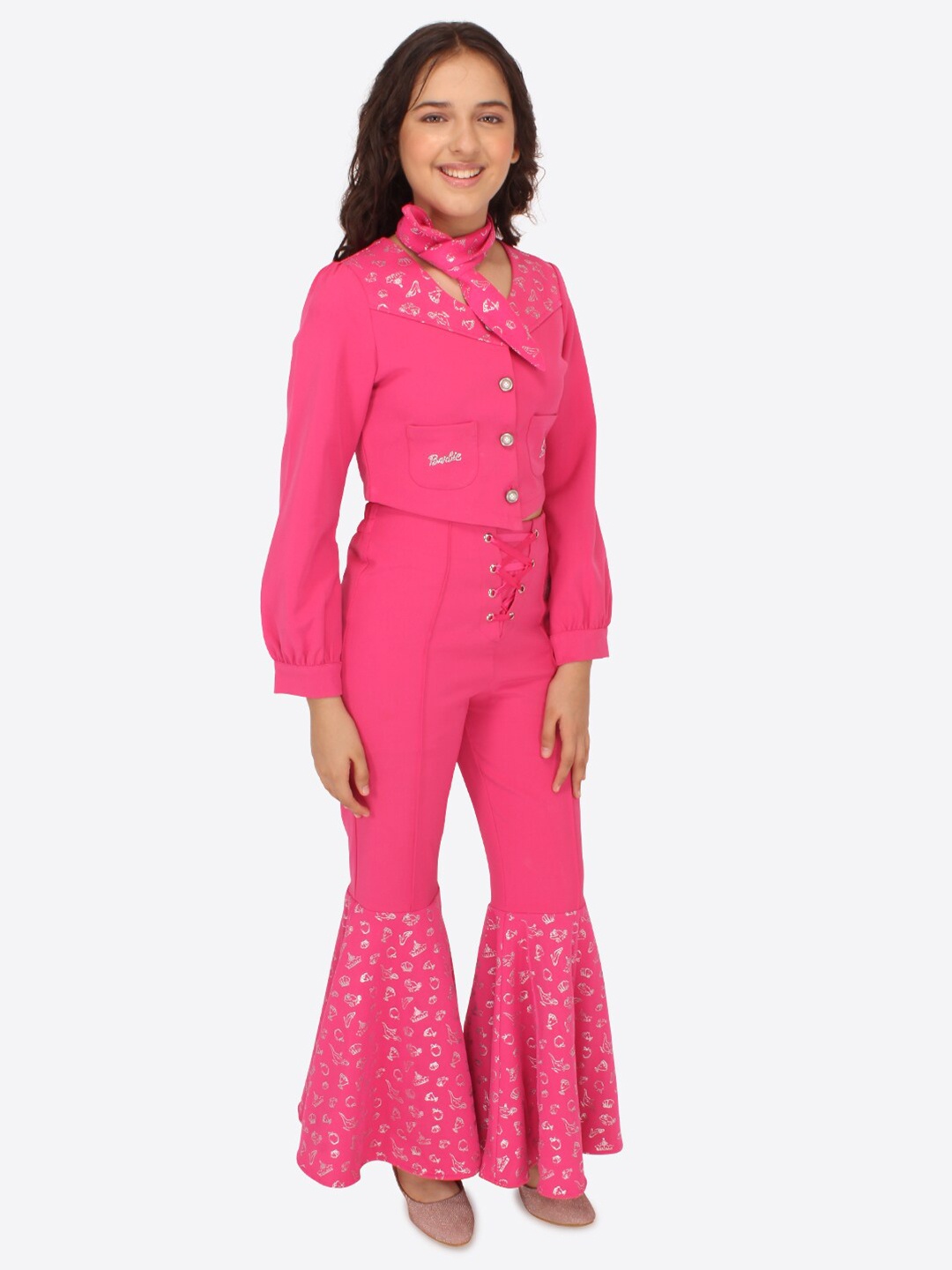 

CUTECUMBER Girls Printed Embellished Top with Trousers, Fuchsia