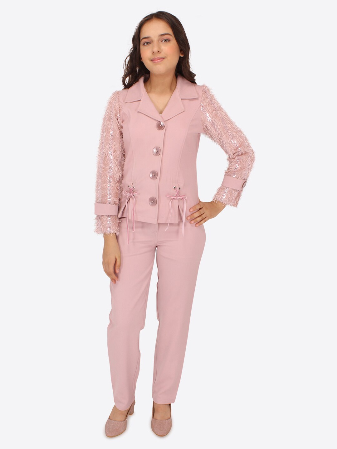

CUTECUMBER Girls Embellished Coat with Trousers, Pink