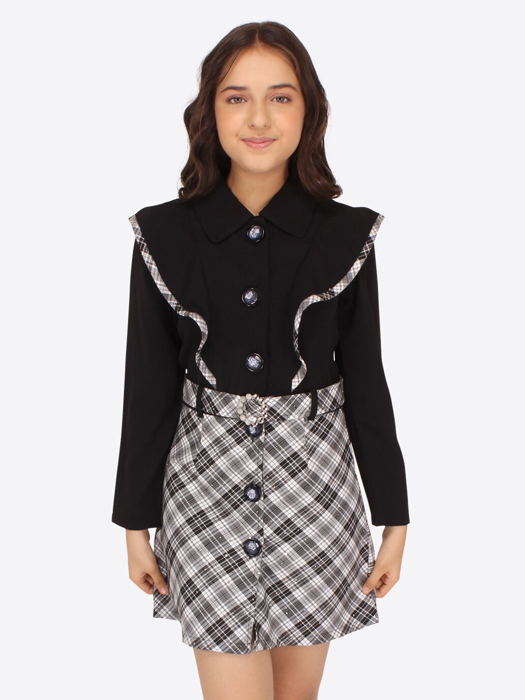 

CUTECUMBER Girls Checked Long Sleeves Ruffled Georgette Shirt Dress, Black