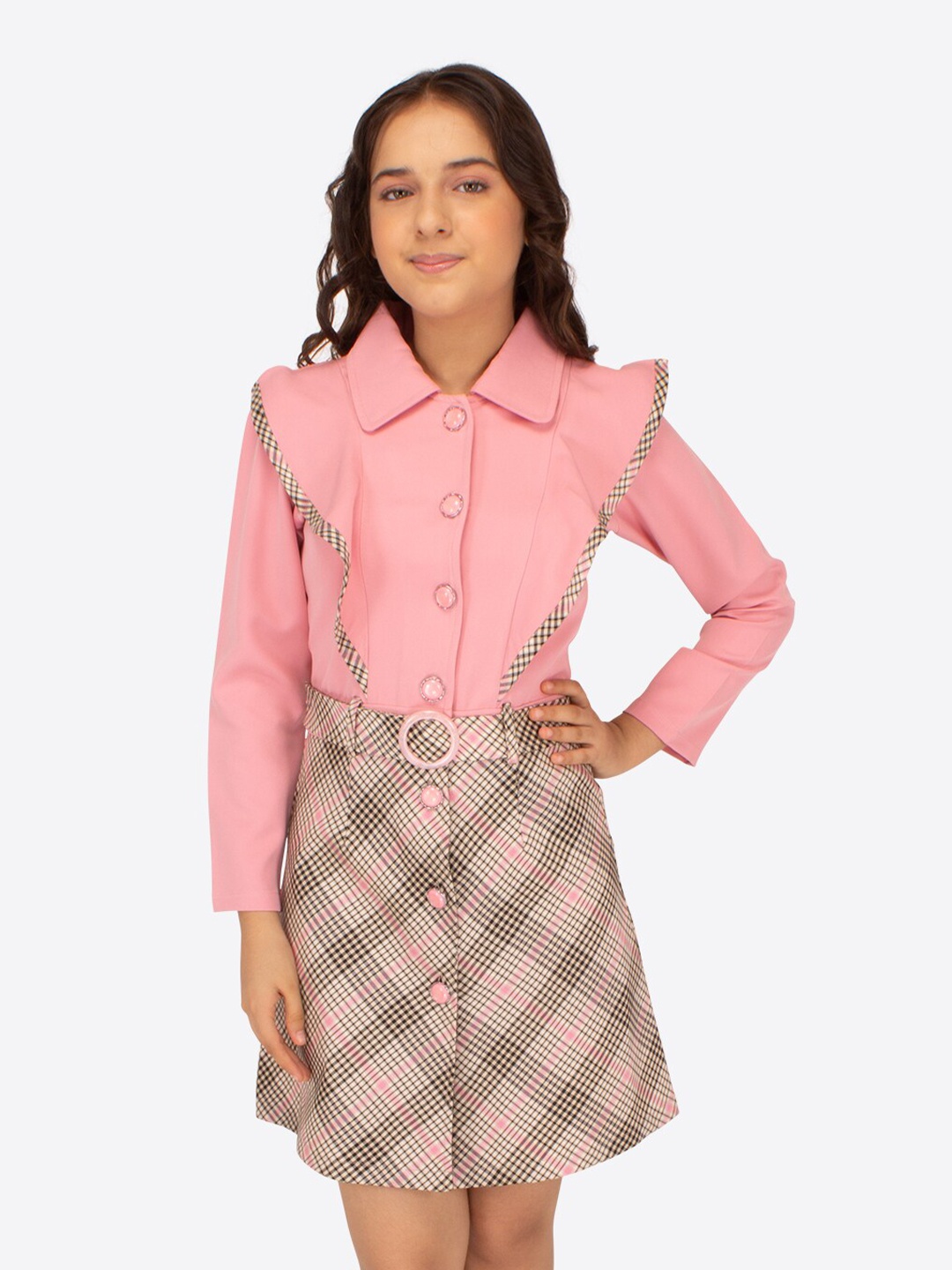 

CUTECUMBER Girls Checked Shirt Collar Georgette Belted Shirt Dress, Pink