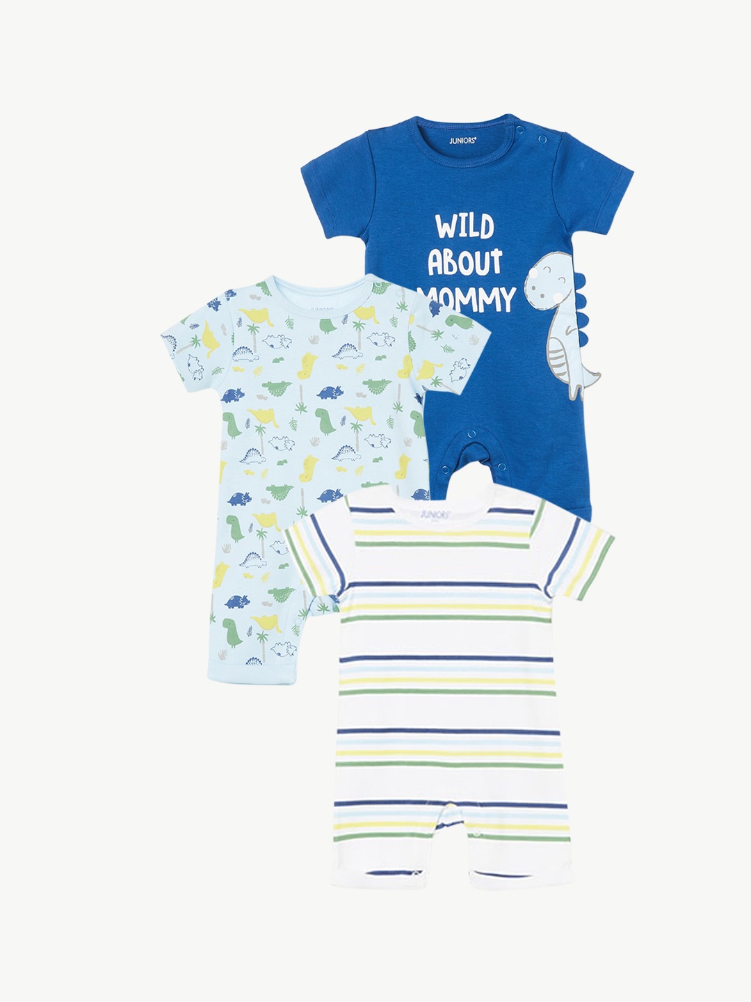 

Juniors by Lifestyle Infant Boys Pack Of 3 Printed Rompers, Blue