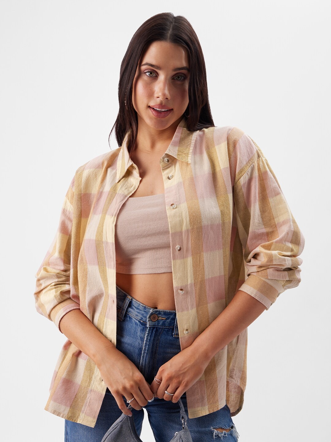 

The Souled Store Relaxed Boxy Other Checked Spread Collar Long Sleeve Cotton Casual Shirt, Beige