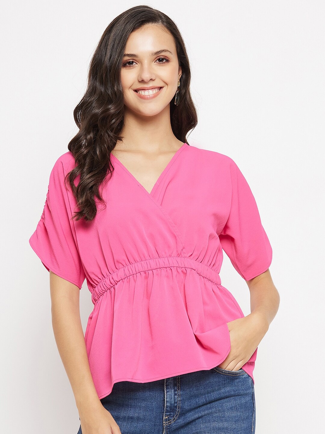 

Imfashini V-Neck Ruched Sleeve Gathered Cinched Waist Top, Pink