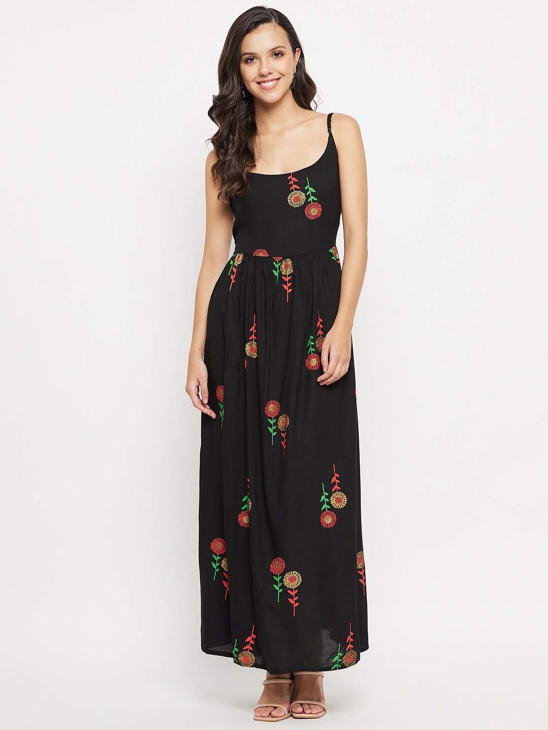 

Imfashini Floral Embroidered Shoulder Strap Gathered Cotton Fit & Flare Maxi Dress, Black