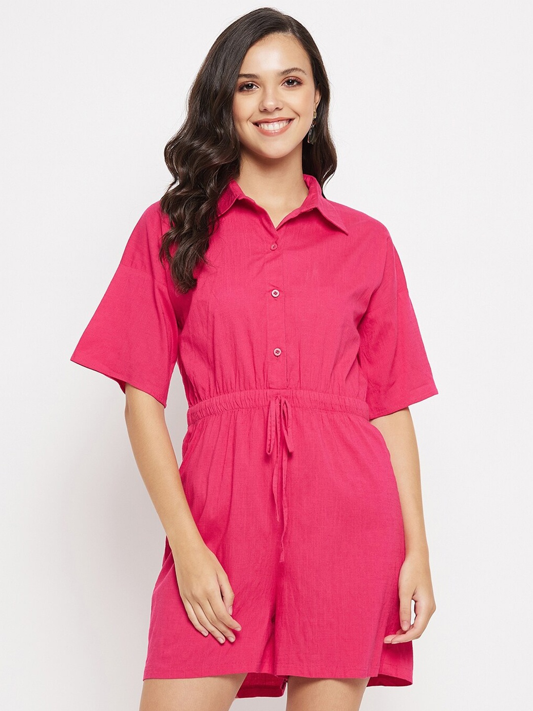 

Imfashini Shirt Collar Cotton Playsuit, Pink