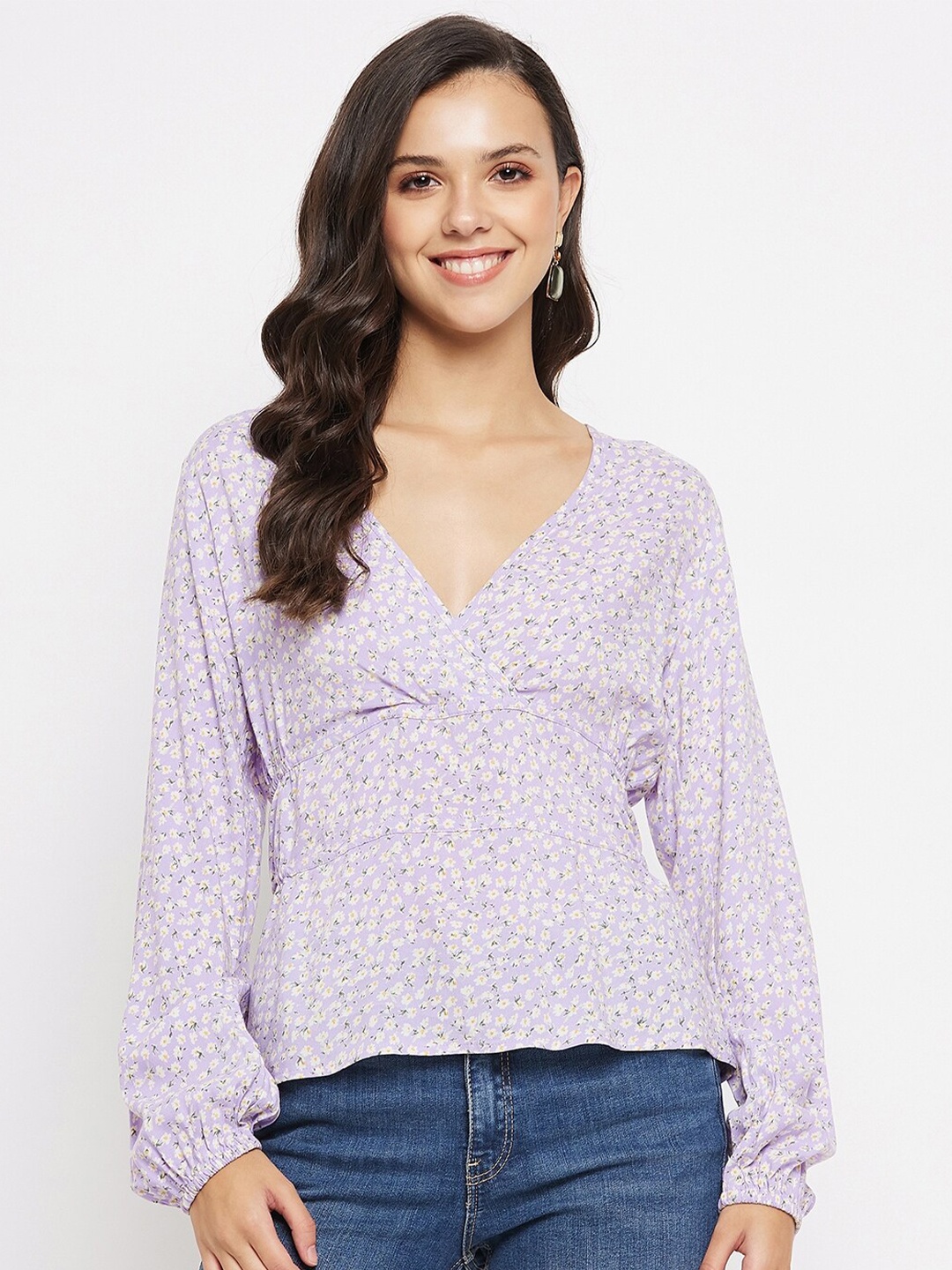 

Imfashini Floral Printed Puff Sleeve Crepe Top, Lavender