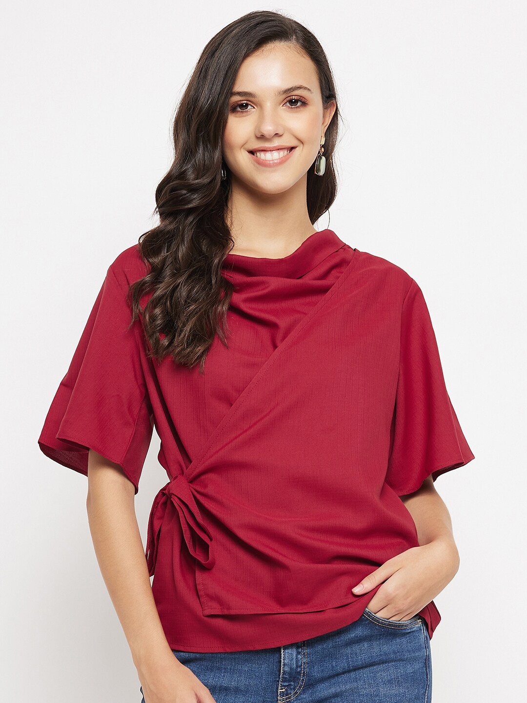 

Imfashini Cowl Neck Flared Sleeve Wrap Top, Maroon