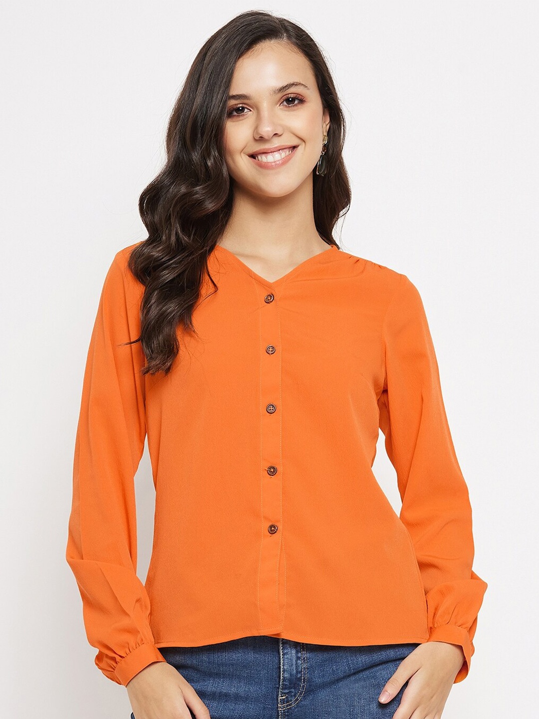 

Imfashini Collarless Gatrhered Casual Shirt, Orange