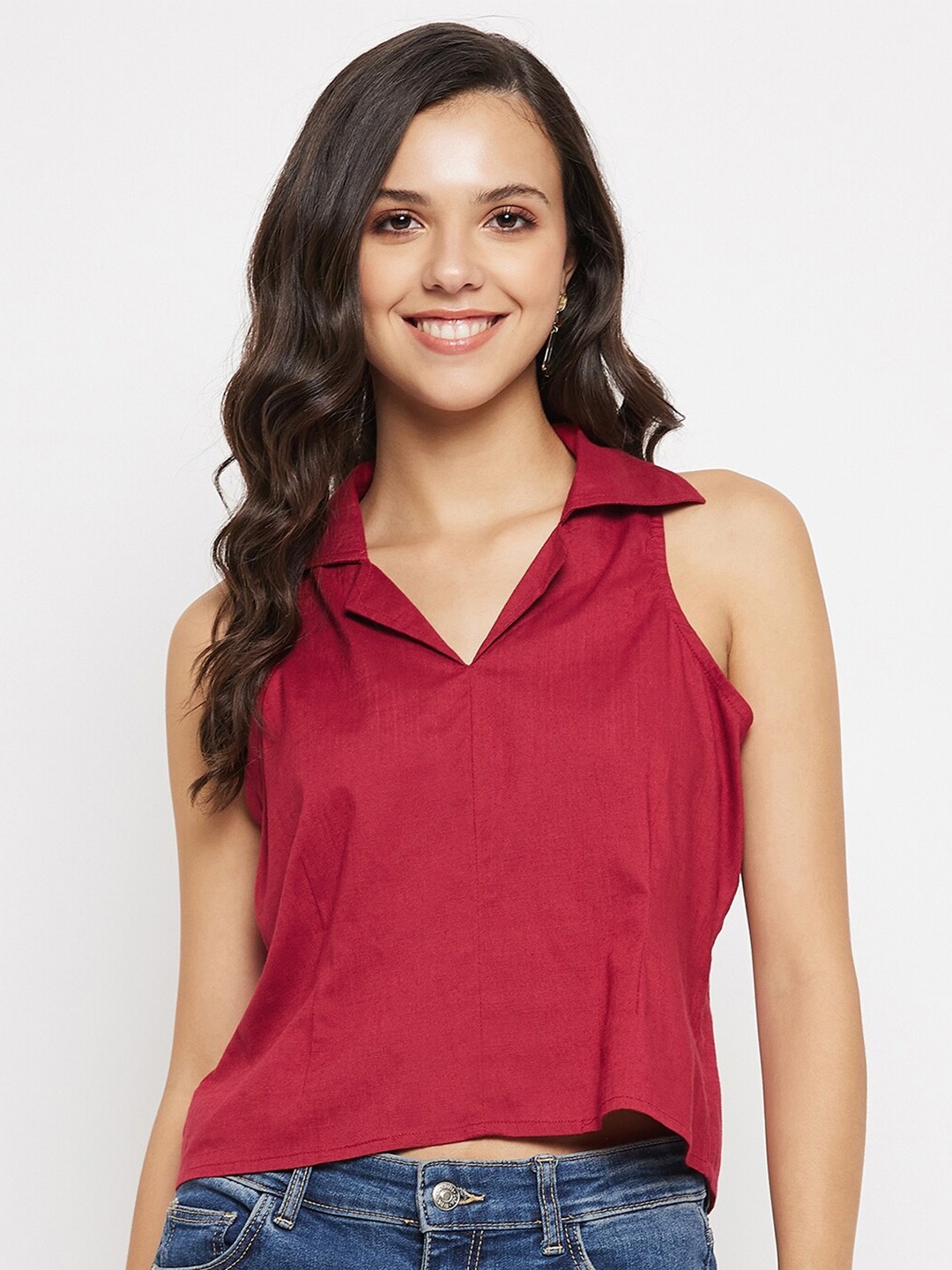 

Imfashini Shirt Collar Sleeveless Crop Top, Maroon