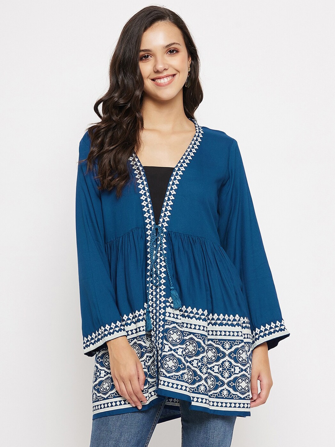

Imfashini Ethnic Motifs Printed Gathered A-Line Longline Top, Teal