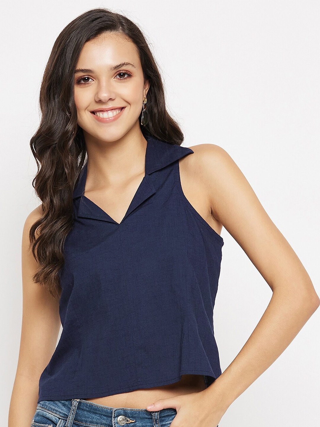 

Imfashini Shirt Collar Sleeveless Crop Top, Blue