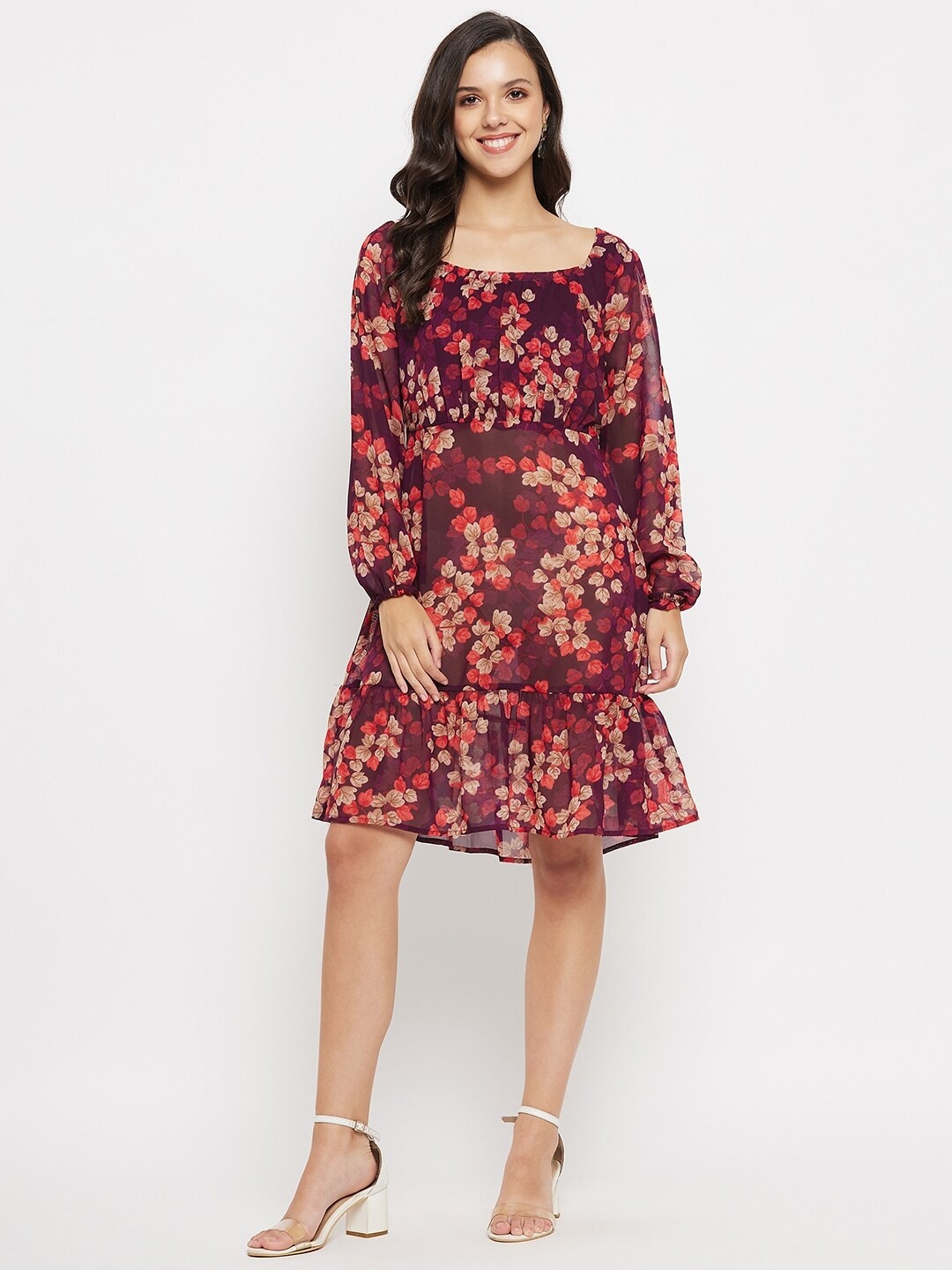 

Imfashini Conversational Printed Puff Sleeves Georgette Gathered A-Line Dress, Maroon