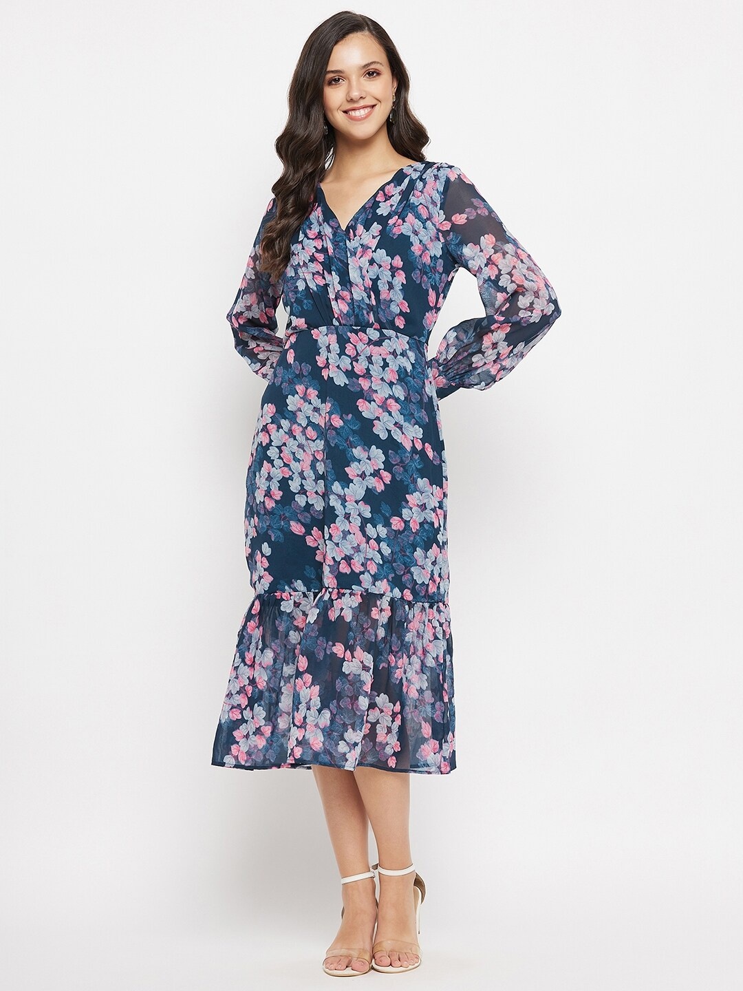 

Imfashini Conversational Printed Puff Sleeves Georgette Gathered A-Line Dress, Teal