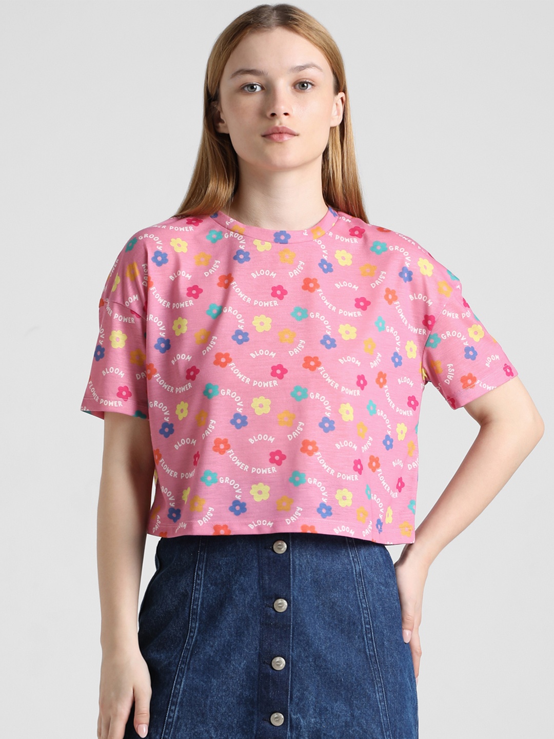 

ONLY Onld Daisy SS Printed Boxy Cotton T-shirt, Pink