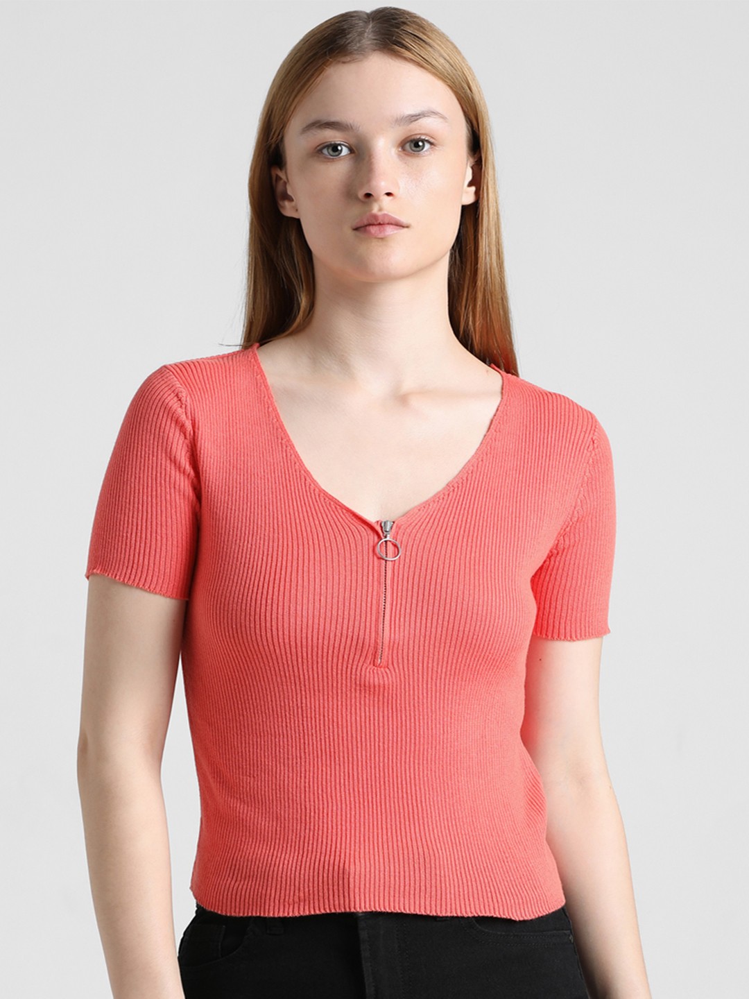 

ONLY Onld Shell SS V-Neck Knitted Cotton T-shirt, Coral