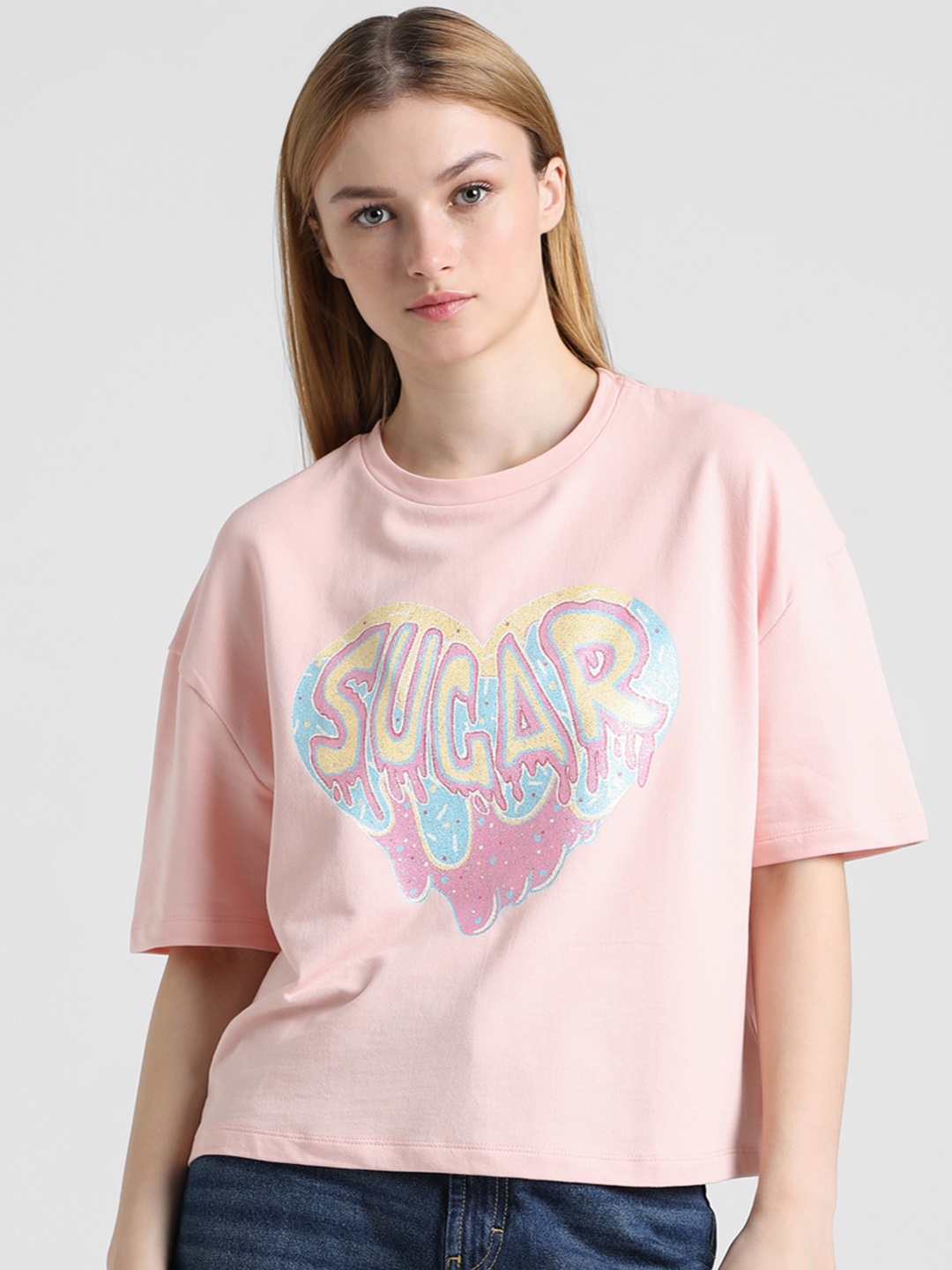 

ONLY ONLD SUGAR SS Typography Printed Pure Cotton Boxy T-shirt, Pink