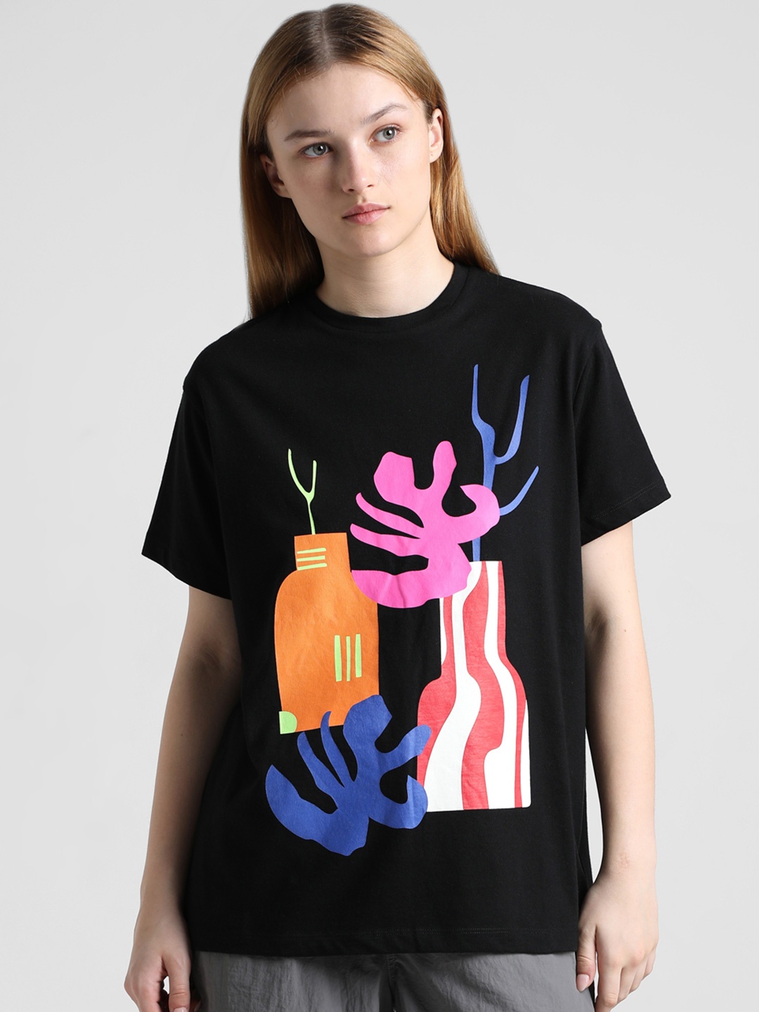 

ONLY ONLTIRA LUCY SS Graphic Printed Pure Cotton T-shirt, Black
