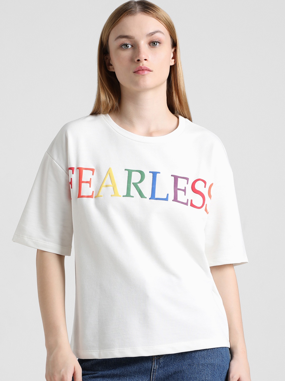 

ONLY Typography Printed Drop-Shoulder Sleeves Applique Boxy T-shirt, White
