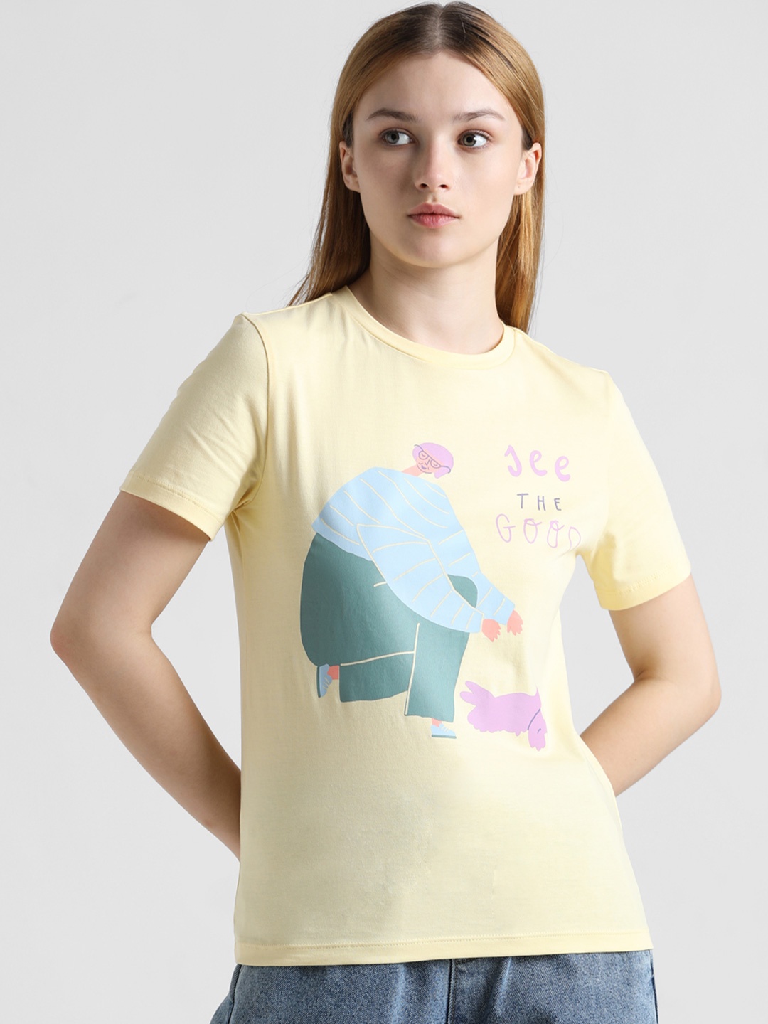 

ONLY Onleseme New SS Graphic Printed Cotton T-shirt, Yellow
