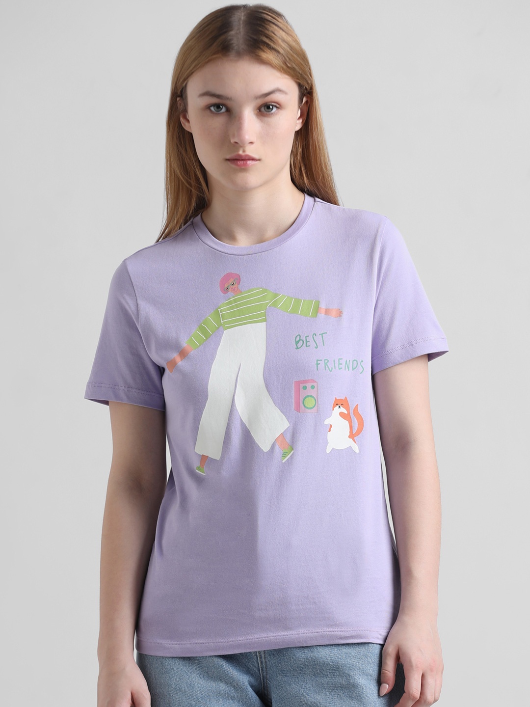 ONLY Graphic Printed Drop-Shoulder Sleeves T-shirt, Purple