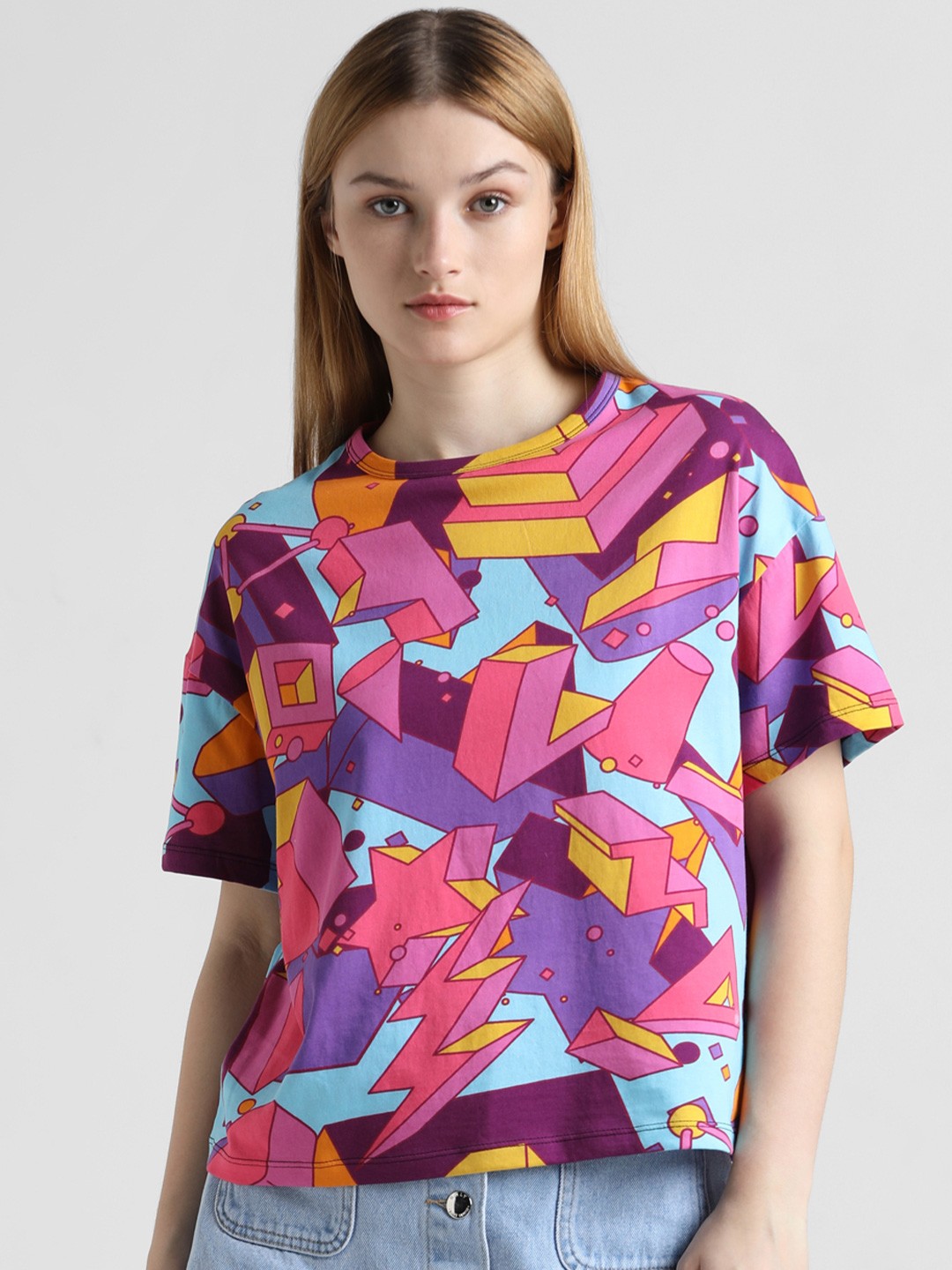 

ONLY Abstract Printed Pure Cotton T-shirt, Pink