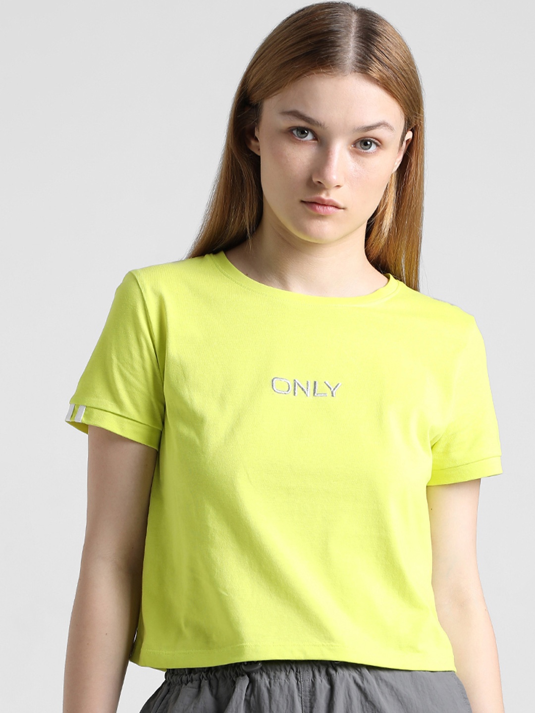 

ONLY ONLD ADD SS Embroidered Round Neck Pure Cotton T-shirt, Lime green