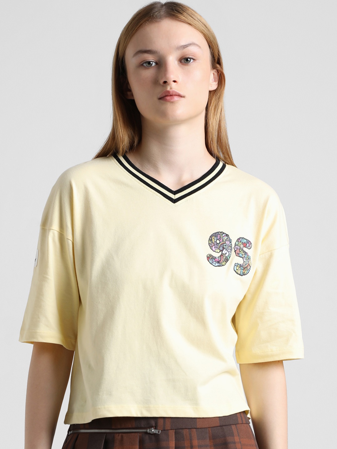 

ONLY Onld Doo SS Typography Printed V-Neck Pure Cotton T-shirt, Yellow